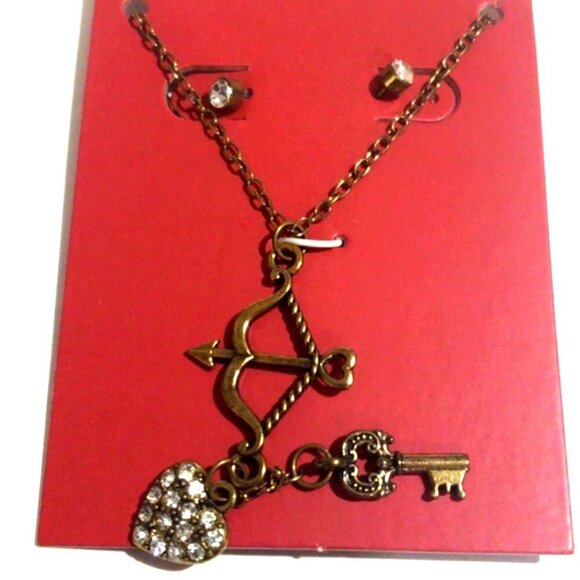 Bronze Cupid Bow Necklace with Heart & Key Charms | Earrings Set Women's Jewelry - Picture 1 of 8